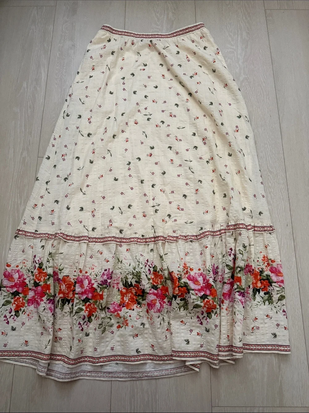 Max Studio Cream Maxi Skirt with Pink & Orange Floral Hem